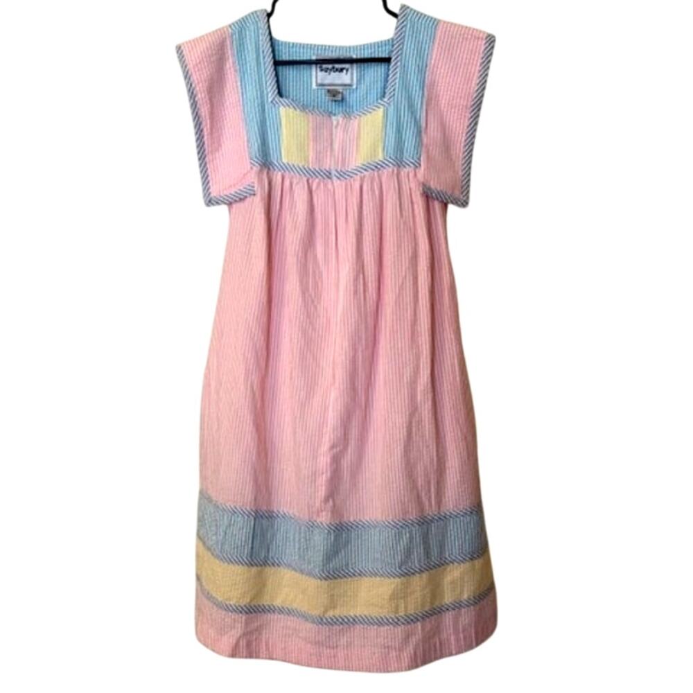 Saybury Vintage 80's Gingham Seersucker Zip Up Patchwork Tiered House Dress XS